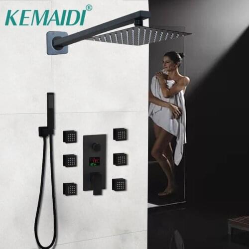KEMAIDI Matte Black Bath Shower Message Jets Thermostatic Temperature Display Wall Rainfall Bathroom Kits Hand Shower Faucet Set