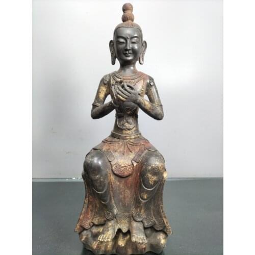 15"Chinese Folk Collection Old Bronze Cinnabar Lacquer Guanyin Bodhisattva Void Bodhisattva Sitting Buddha Ornaments Town House