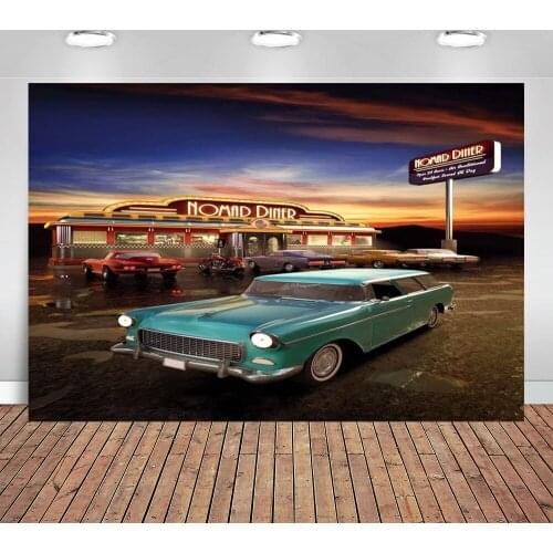 Classic Car Backdrop 50s 60s Diner Motorcycle Photography Backdrop for Photoshoot Banner Birthday Decoration Photo Background