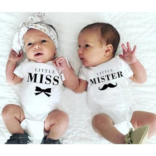 One Piece Little Miss and Little Mister Twins Cute Baby Girls Boys Summer Short Sleeves Jumpsuit Twins Baby Bodysuit Unisex Wear