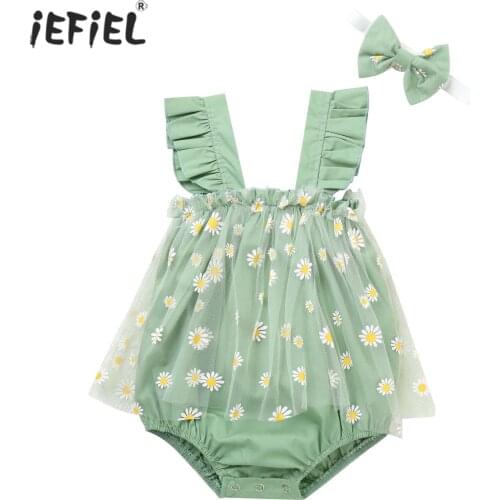 Toddler Baby Flower Printing Two-Pieces Set Infant Girls Square Collar Sleeveless Chiffon Bodysuit Lace Tutu Jumpsuits+Headband