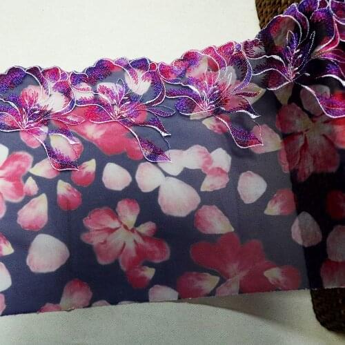 1 Meter 21.5 CM Wide Handmade Purple Pink Floral Embroidered Lace Trim Blue Tulle Lingerie Underwear Clothes Bra Sewing Fabric
