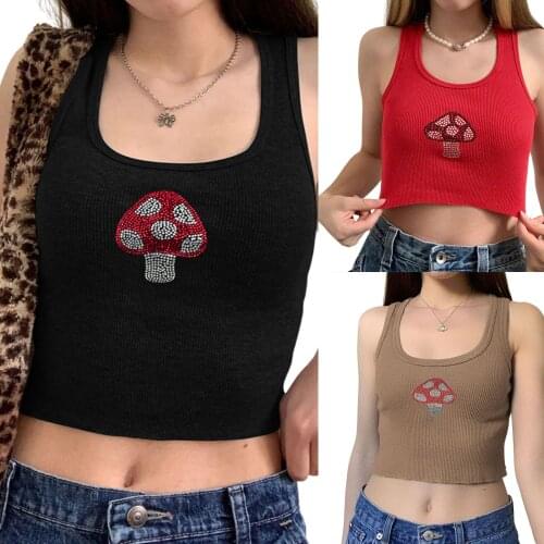 Summer Ladies Sexy U-neck Camisole, Girls Creative Mushroom Rhinestone Decoration Sleeveless Midriff-baring Top Slim Base Shirt