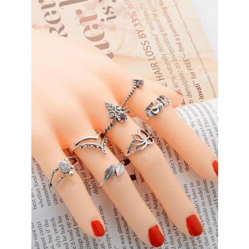 Silver Alloy Ring Set Leaf Fox Elephant Tortoise Ring Set Modern Fashion Gifts Ladies' Favorite Ring Boyfriend Romantic Gift