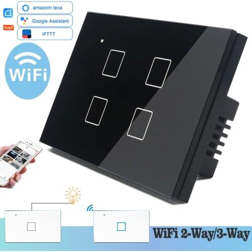 WIFI Touch Light Wall Switch Black Glass Blue LED 118*72mm Smart Home Phone Control 4Gang 2Way Square Alexa Google Home Alice