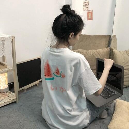 Summer new Korean loose watermelon letter printing short-sleeved black t-shirt women