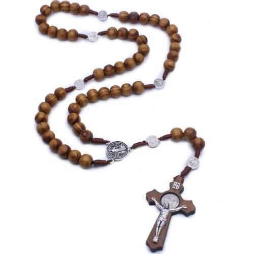 NEW Wooden Antique Cross Rosary Pendant Necklaces Jesus Saint Benedict Beaded Necklaces for Men Women Handmade Jewelry Gifts