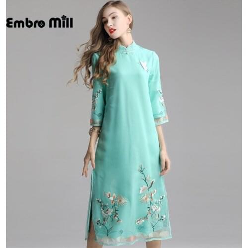 Autumn The New Floral dress Retro Chinese style Organza embroidery Improvement cheongsam Loose womens dress S-2XL