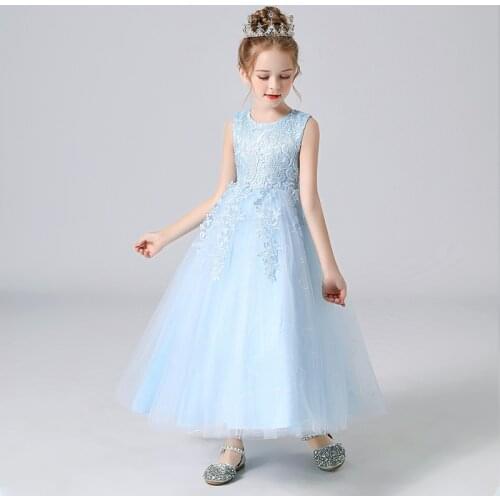 4-14 Years Old Girls Sky Blue Pink Princess Dress Summer Wedding Ball Gown Mesh Dress Sleeveless Lace Formal Dresses For Girl