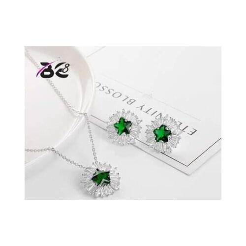 BE8 Luxury Green Star Shape CZ Pendant Jewelry Set For Women 4 Colors Link Chain Necklace Earring Sets Dress Accessories S-023