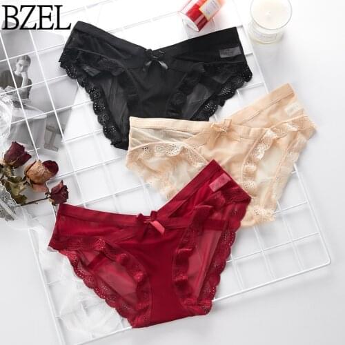 BZEL Sexy Muslin Womens Panties Sweet Lace Underwear Transparent Lingerie Breathabale Briefs Cute Bow Underpants Exotic Panties