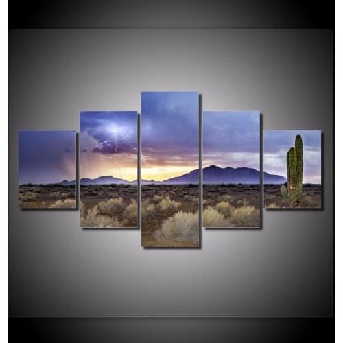 Modern Canvas Paintings Wall Art Unframed Home Decor HD Prints 5 Pieces Summer Storm In Desert Pictures Lightning Cactus Poster