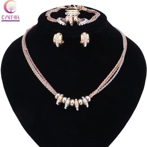 Wedding Gold Color 3 Color Necklace Fine Crystal Jewelry Sets Party Women Bridal Ring Bracelet Earrings Accessories