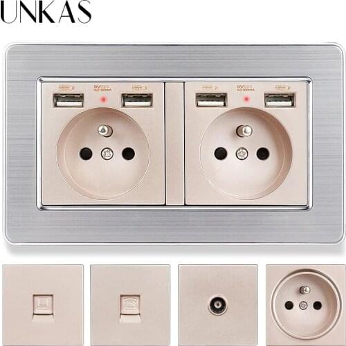 UNKAS Gold EU French Socket Dual USB Port + TV RJ11 Telephone RJ45 Internet Computer Jack 146mm * 86mm Stainless Steel Panel