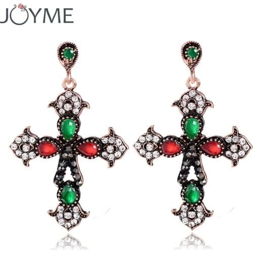 Vintage Ethnic Big Cross Long Dangle Earrings for Women Red Crystal Pendant Female Chandelier Statement Earring Religiou Jewelry