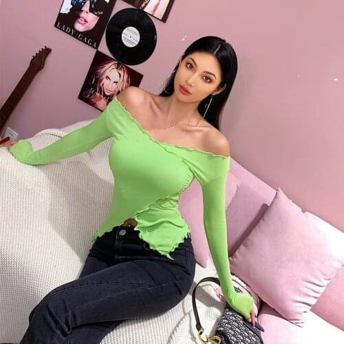 XIBANI V-neck cross top womens thin long sleeve green tight bottoming irregular sexy T-shirt fashion high street autumn waist