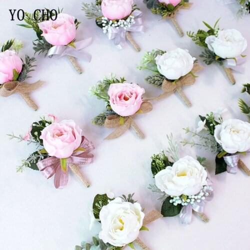 YO CHO White Pink Wedding Wrist Corsages Flower Suit Wedding Decor Silk Rose Groom Flower Boutonnieres Marriage Prom Brooch Pins