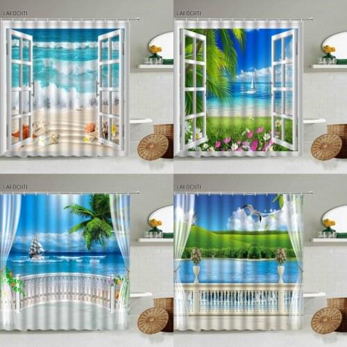 Ocean Natural Scenery Shower Curtain Beach Starfish Palm Leaf Green Plants and Flowers Home Bathroom Wall Decor With Hook Screen