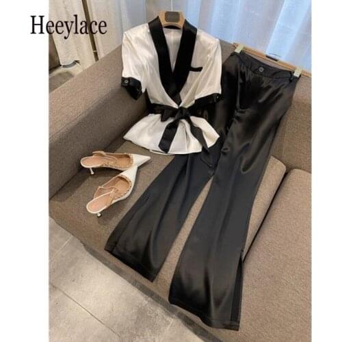 Women Summer Office Ladies Acetate Satin Suit Jacket Coat Top And pant Two Piece Set Outfit French Elegant Workwear Clothing 3XL