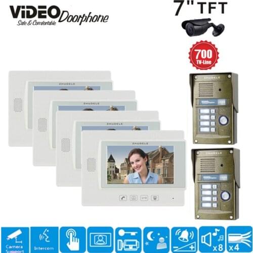 ZHUDELE 4-Apartment 7" LCD Monitor Speakerphone Intercom Color Video Door Phone Access Control System IR Camera for 2 Doors