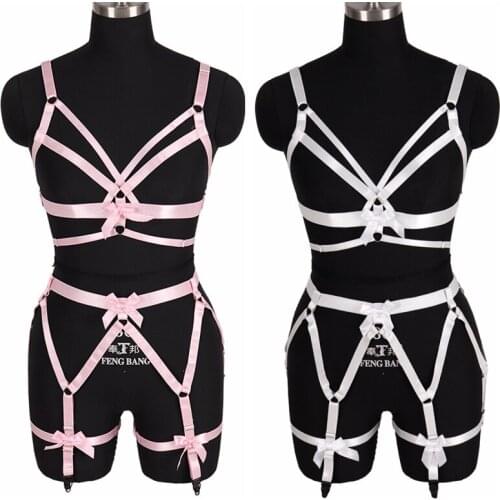1 Set Body Harness Bra Bow Cuts Pink Lingerie Belt Waist Garter Suspender Punk Goth Dance Party Rave Girl Bikini Plus Size