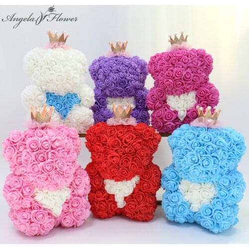 28cm DIY crown teddy rose bear+box artificial PE flower bear rose Valentines Day gift for girlfriend women wife mothers day