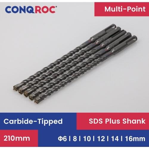 5 Pieces 210mm SDS Plus Drill Bits Masonry Cross Carbide Tip Hammer Drill Bits 6/8/10/12/14/16mm