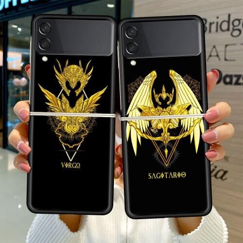 Black Hard Case For Samsung Galaxy Z Flip 3 5G Luxury PC Shockproof Phone Cover ZFlip 3 Bumper Fundas Anime Saint Seiya Logo Sac