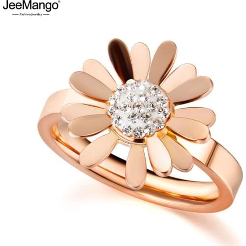 JeeMango Stainless Steel Cute Small Daisy Flower Ring Jewelry Rose Gold Pave Setting Crystal Party Rings For Women JR19169