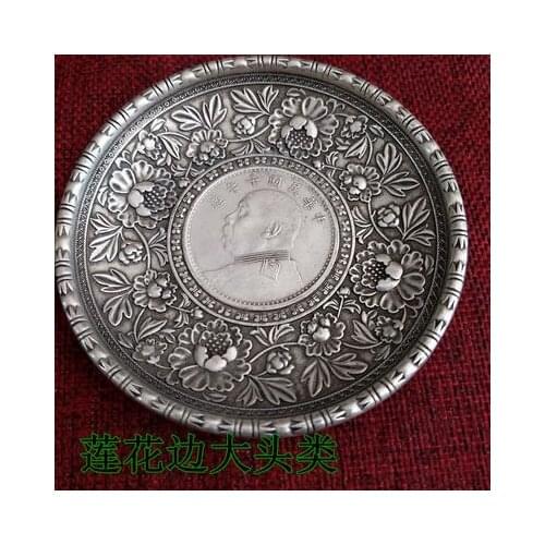 Copper plated silver plate tiger head plate ancient Dragon bowl furnishings republic white copper dish treasure decoration