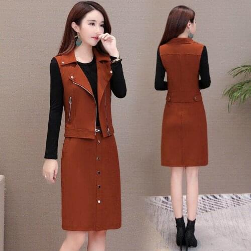 Fashion Dress Suit Women 2020 Spring Autumn New Mid-length Korean Long-sleeved Bottoming Dress +Vest Jacket Two-piece Set Y548
