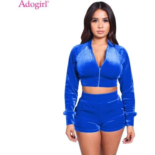Adogirl 2020 New Velvet Tracksuit Women 2 Piece Sets Zipper Long Sleeve Short Jacket Crop Top Elastic Waist Shorts Jogging Suits