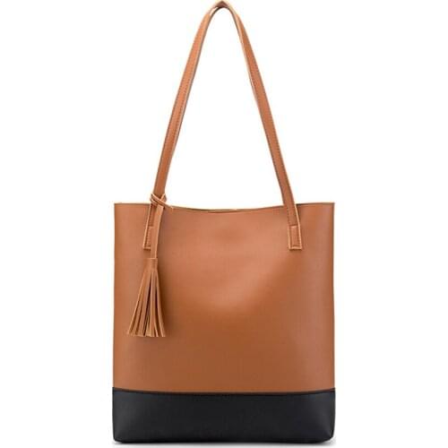 New PU Leather Tote Bag Women Simple Color Matching Tassel Shoulder Bags Office Ladies Handbag Female