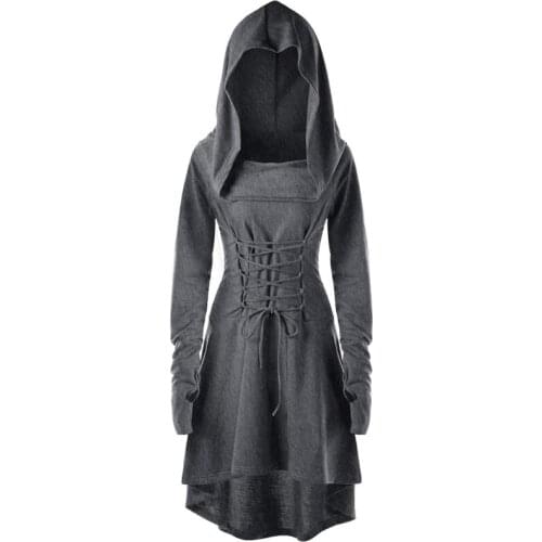 Fall Fashion Solid Plus Size Hooded Cosplay Red Cotton Dress Vintage Long Sleeves Knee Length Large Women Loose Vintage Clothes