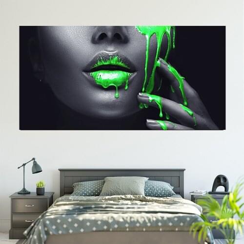 Black Africa Woman Green Lip Portrait Canvas Painting Posters and Prints Wall Art Picture for Living Room Home Decor Unstretched