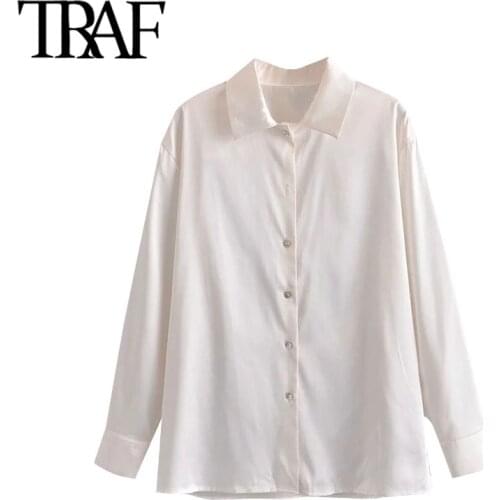 TRAF Women Fashion Loose Soft Touch Slit Hem Blouses Vintage Long Sleeve Button-up Female Shirts Blusas Chic Tops