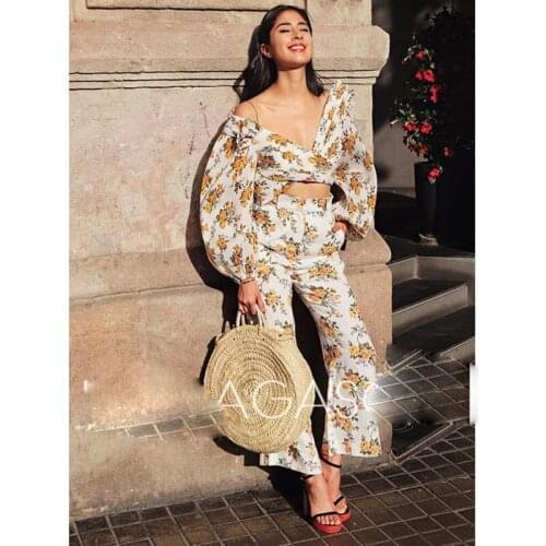 Sexy V-neck pleated Golden Surfer floral-print blouse Street style womens clothing Mini package Long Sleeve Tops