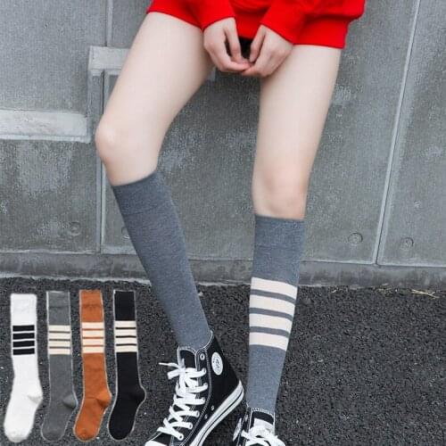 Korean Style Women Long Socks Women Knee High Socks Meia Fall White Sheer Chaussettes Hautes Striped Cotton Socks Kawaii Lolita