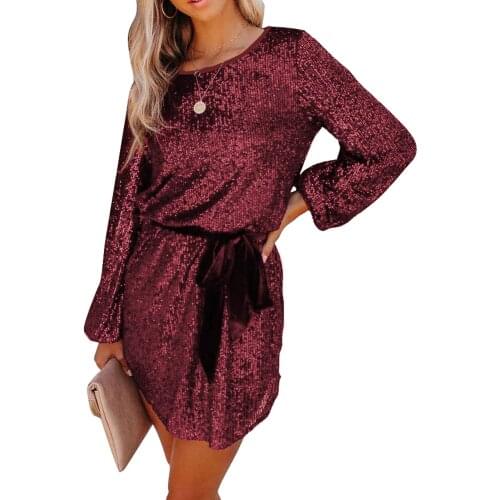 Silvery/Wine Loose Long Sleeve Sequin Dress with Sash Women Fashion Sequin Elastic Night Club Party Dress