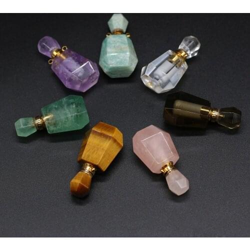 Natural Stone Vial Pendants Faceted Amethysts Clear Quartzs Perfume Bottle Necklace Pendant for Jewelry Making Necklace Gifts