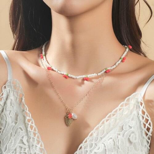 2 Pcs/Set Trendy Handmade Beaded Cute Red Cherry Chokers Necklaces For Women Gold Color Metal Chain Grape Pendant Necklace Gift