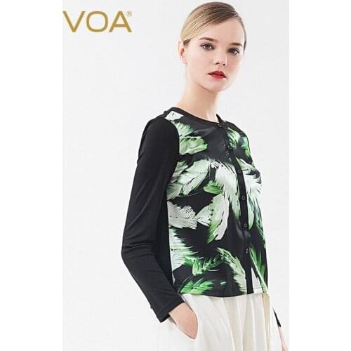VOA Knitted Silk 33m/m Satin Printed Stitching Neck Long Sleeves Buttons Art Blouses Women Tops B9390 Spring Harajuku Shirts