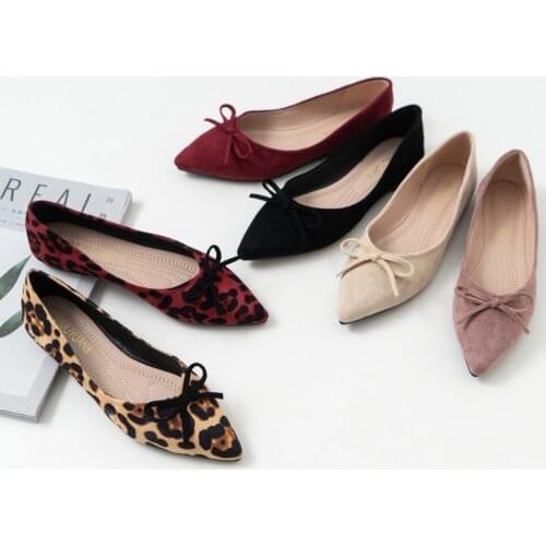 Elegant Bow-knot leopard pattern flats woman ballerina plus size 40-43 sneaker shoes women loafers pointed toe flock moccasins