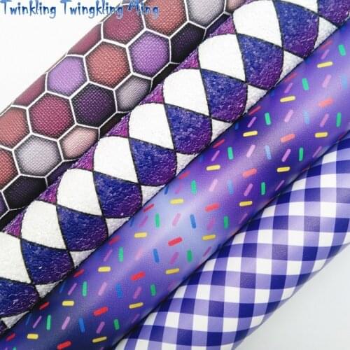 Purple Diamond Printed Glitter leather, Plaids and Sprinkles Printed Faux Fabric Sheet For Bow 21x29CM Twinkling Ming KM385