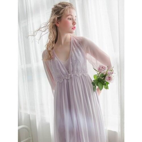 Hanxiuju 2 Pieces Womens Robe Sets Long Sleeve Royal Roupas De Dormir Femininas White Embroidery Summer Lace Sexy Sleepshirts