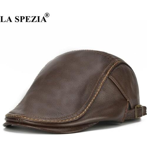 LA SPEZIA Autumn Winter Flat Caps For Men Brown Adjustable Duckbill Hats Male Real Cowhide Leather Classic High-End Driving Caps