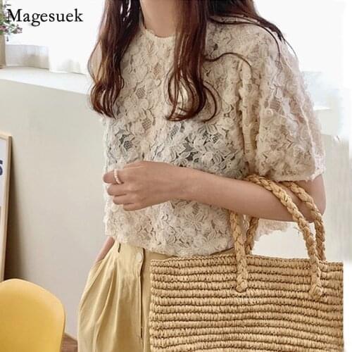 Sweet Flowers Lace Blouses Women Summer Top Korean Loose Short Sleeve Shirts Fashion Apricot Womens Clothing Blusas Mujer 15346