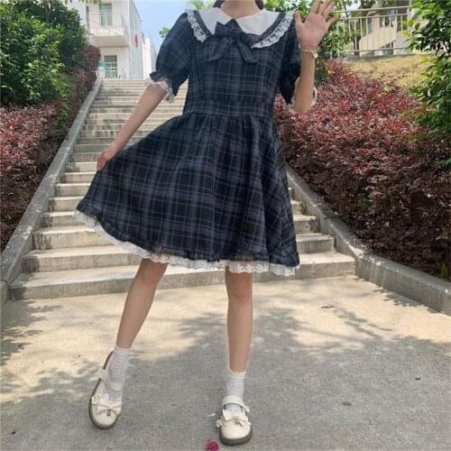 2021 Japanese Summer Cute Lace Doll Collar Lolita Dress Soft Girl Bow Thin A-Line Harajuku Gothic Dress Vintage Slim Plaid Dress