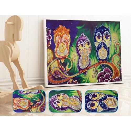 DIY 5D Partial Drill Cross Stitch Kits Crystal Rhinestone Arts Decor Special Shaped Round Diamond Painting Cartoon Owl Kids Gift