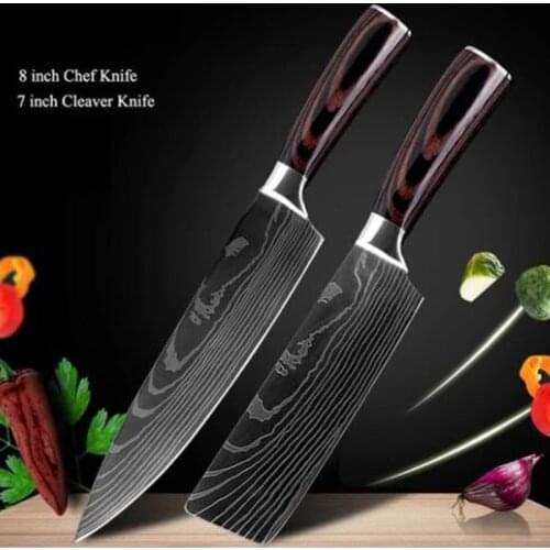 2Pcs Kitchen Knife Set 8" Japanese Chef Knife 7" Cleaver Nakiri Meat Slice Vegetable Knife Laser Damascus 7CR17 Stainless Steel
